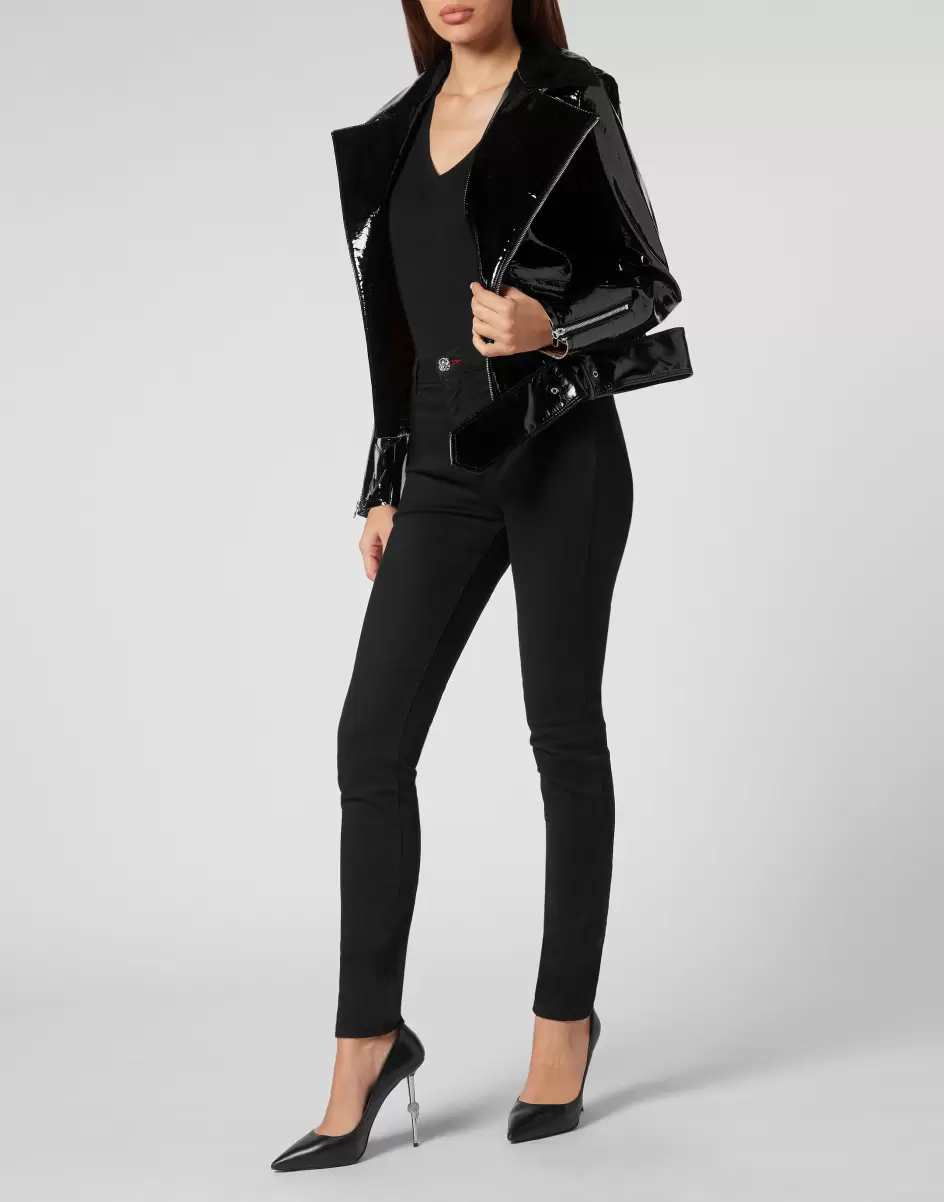 Billig Oberbekleidung Oversize Glossy Eco Leather Jacket Damen Black Philipp Plein - 3