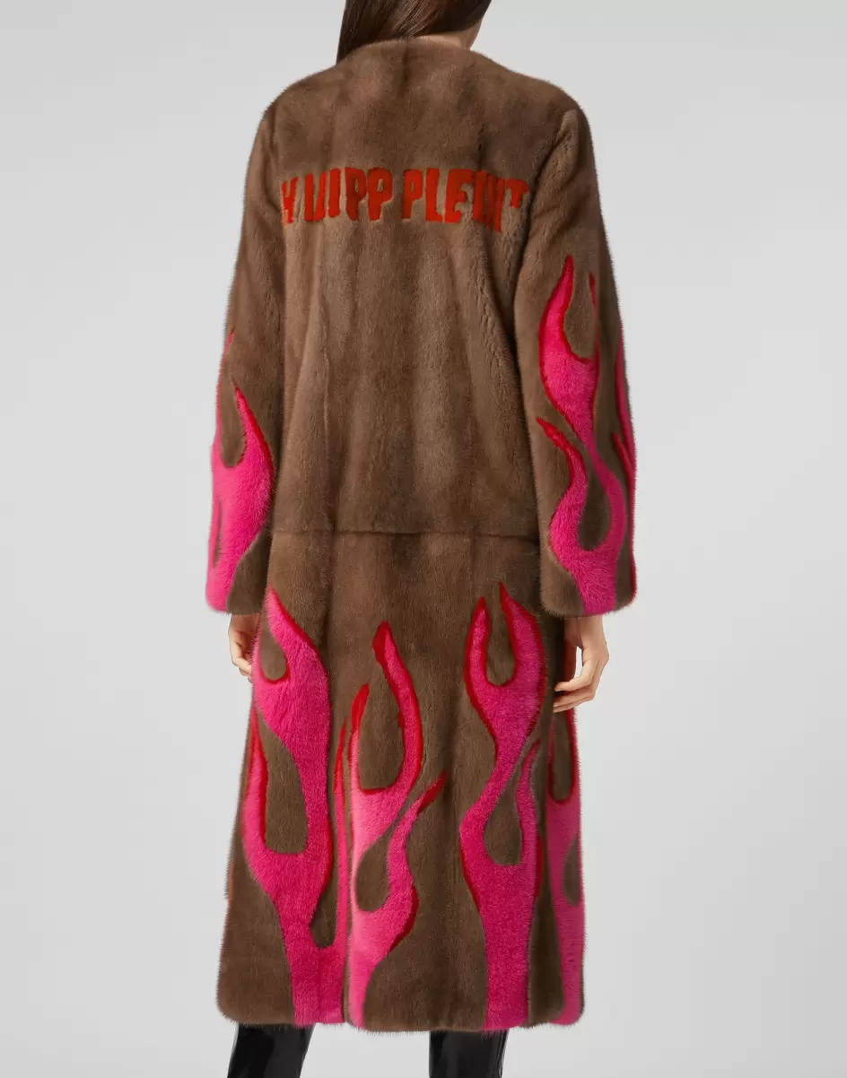 Philipp Plein Oberbekleidung Damen Hell Flames Intarsia Mink Fur Long Coat Geschäft Beige - 2