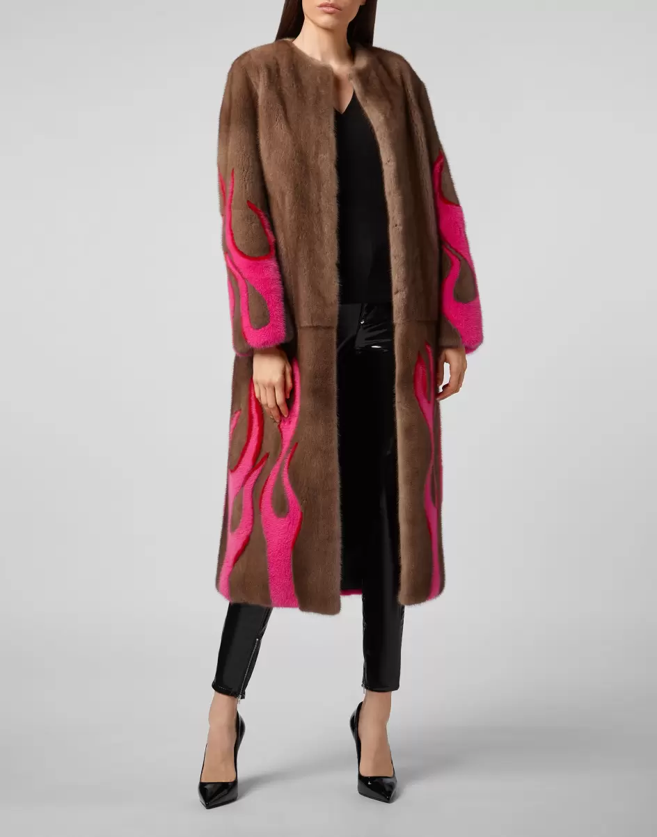 Philipp Plein Oberbekleidung Damen Hell Flames Intarsia Mink Fur Long Coat Geschäft Beige - 3