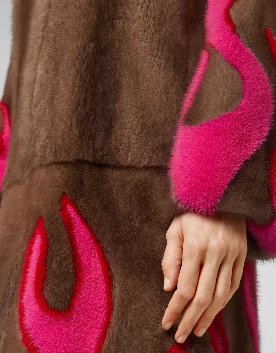 Philipp Plein Oberbekleidung Damen Hell Flames Intarsia Mink Fur Long Coat Geschäft Beige - 4