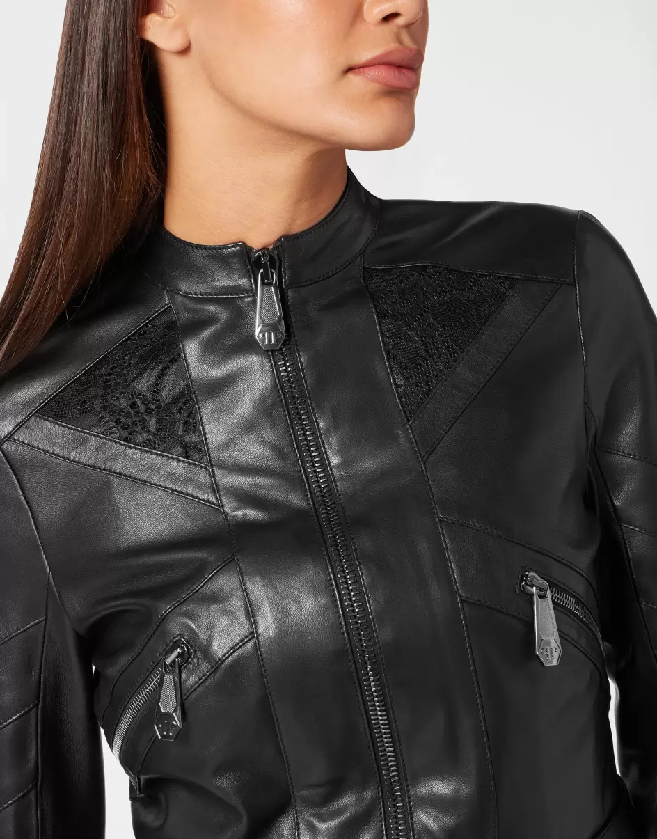 Reduzierter Preis Leather Fitted Biker Lace Black Oberbekleidung Damen Philipp Plein - 4