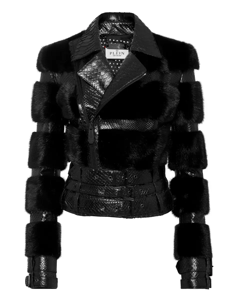 Damen Kauf Python Leather Biker Jacket Philipp Plein Oberbekleidung Black