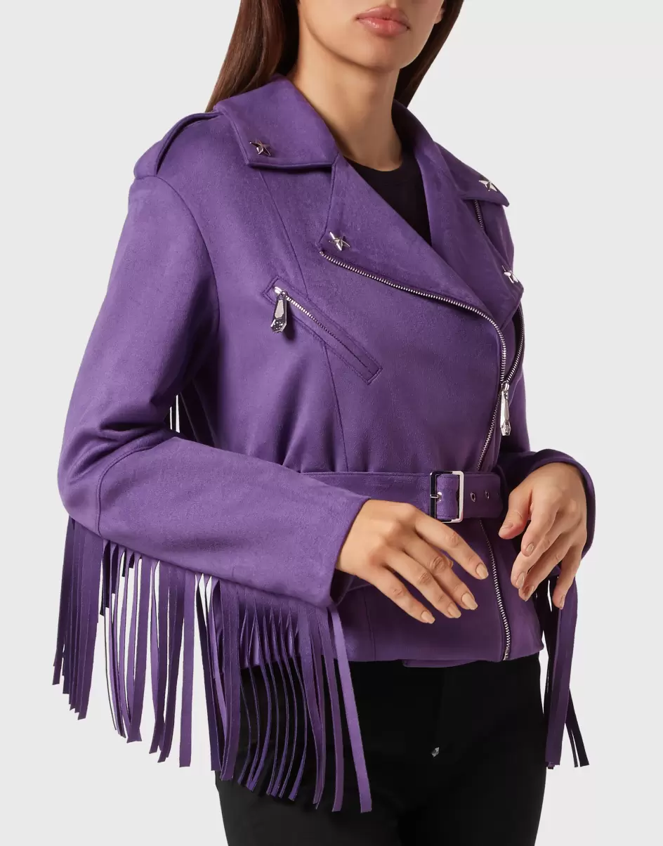 Preis Philipp Plein Oberbekleidung Damen Purple Eco Suede Oversize Biker Jacket Stars - 1