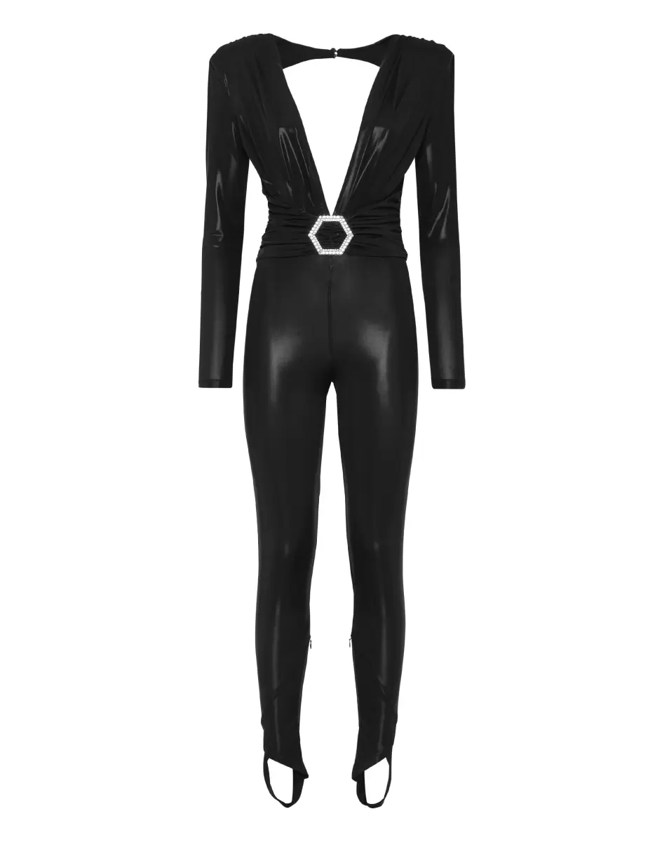 Damen Philipp Plein Kleider Billig Padded Shoulder Lame Jumpsuit Black