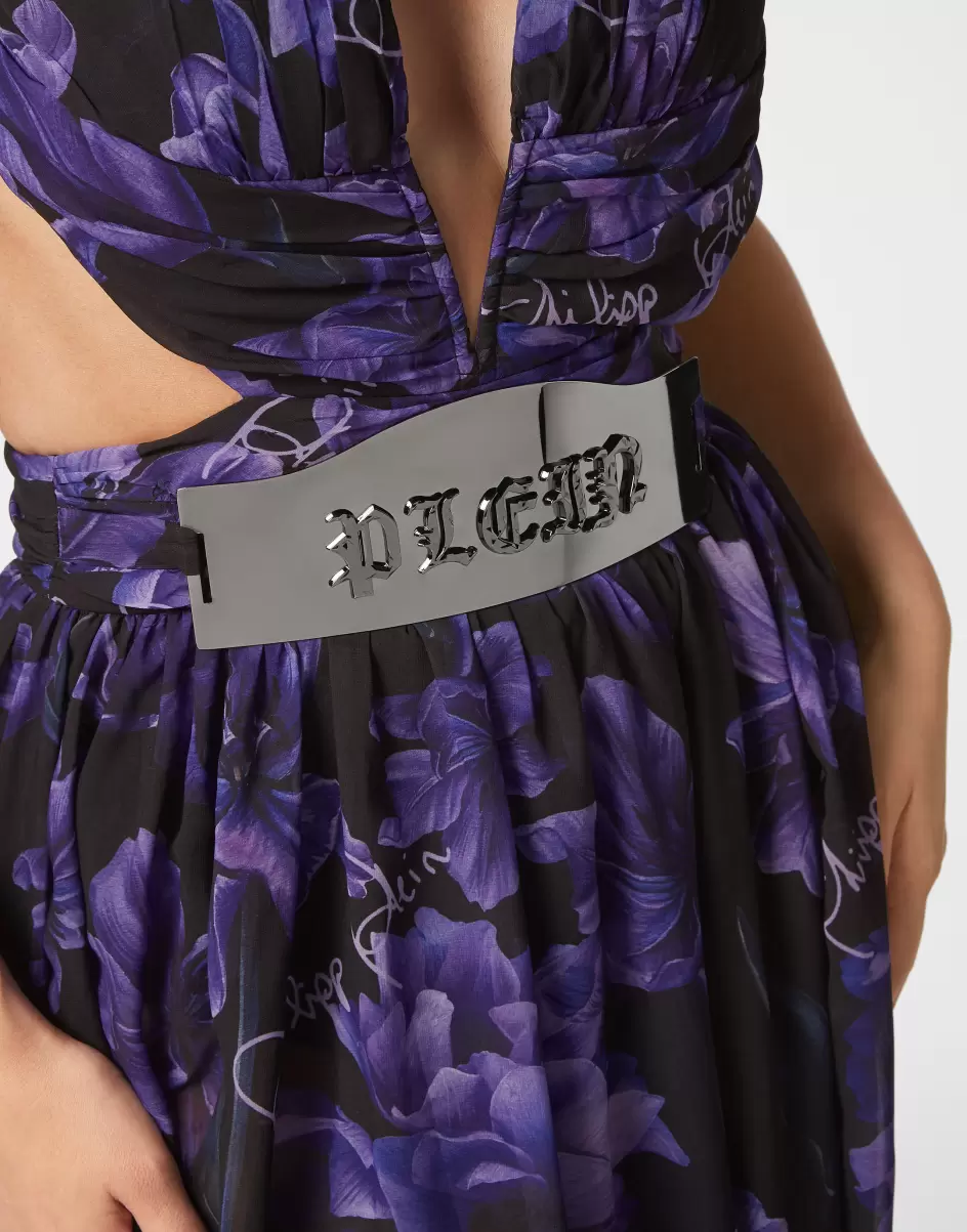 Damen Kleider Geschäft Chiffon Long Dress Flowers Black Philipp Plein - 4