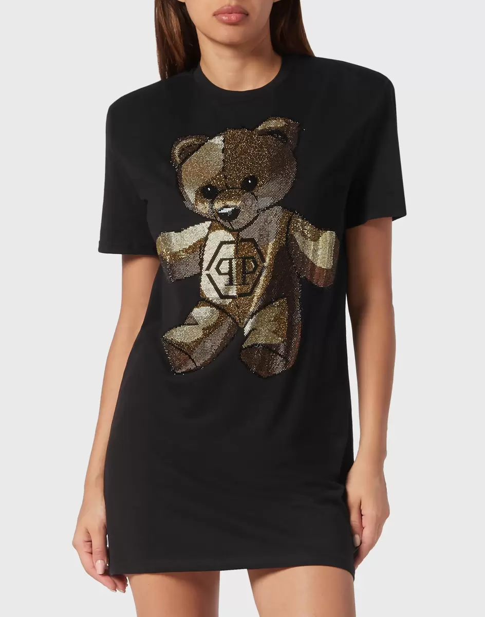 Philipp Plein Kleider Damen Befehl Padded Shoulder T-Shirt Dress With Crystals Teddy Bear Black - 1