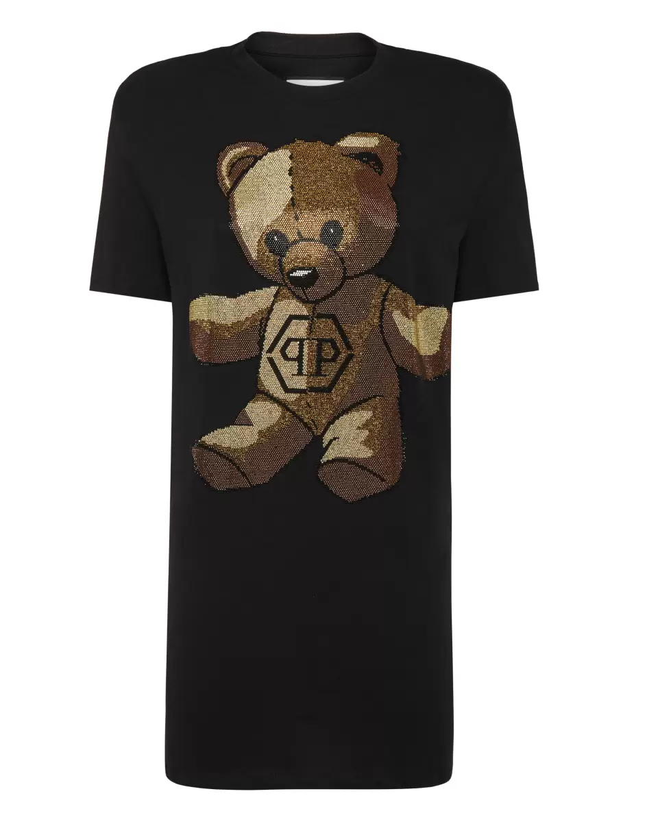 Philipp Plein Kleider Damen Befehl Padded Shoulder T-Shirt Dress With Crystals Teddy Bear Black