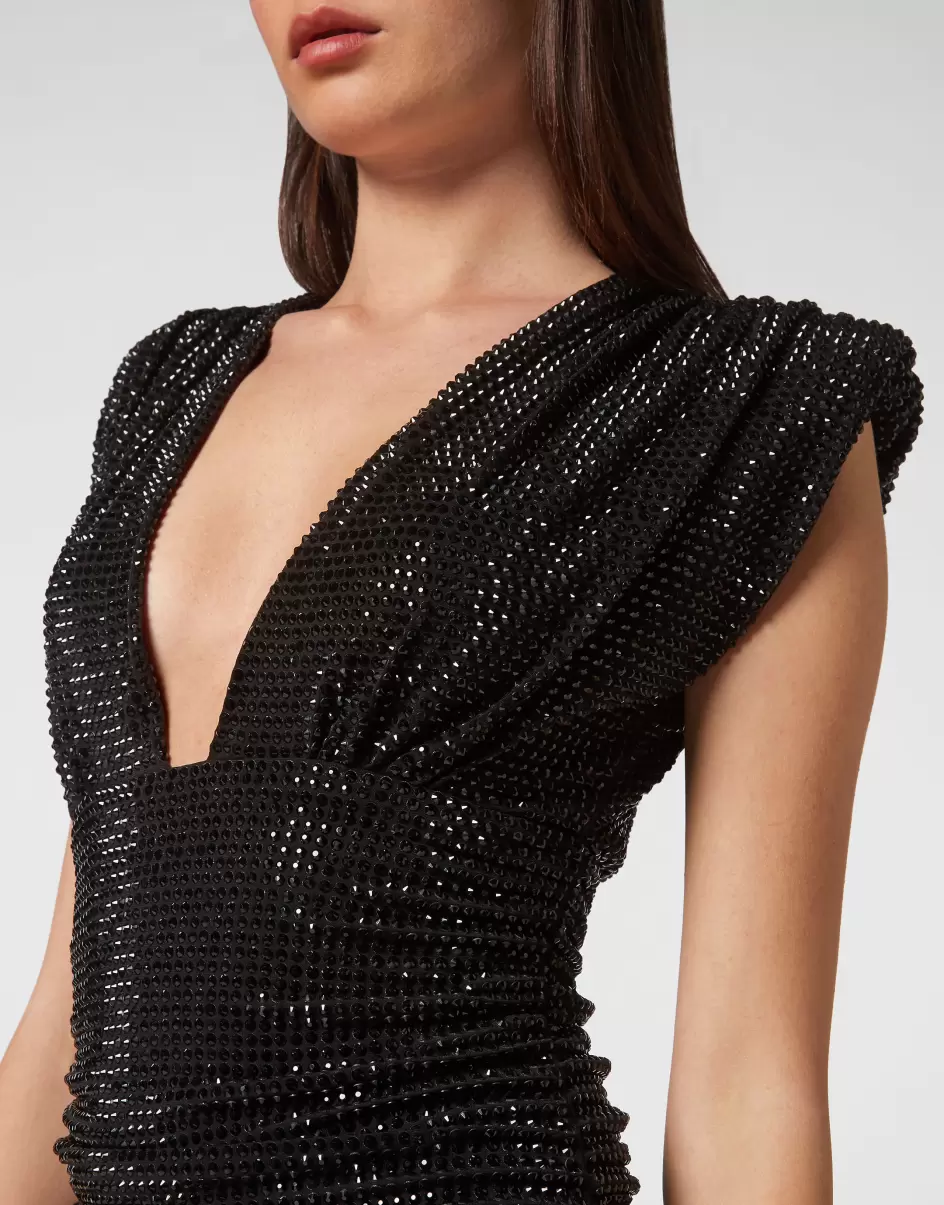 Komfort Shoulder Padded Mini Dress Stones Damen Black Kleider Philipp Plein - 4