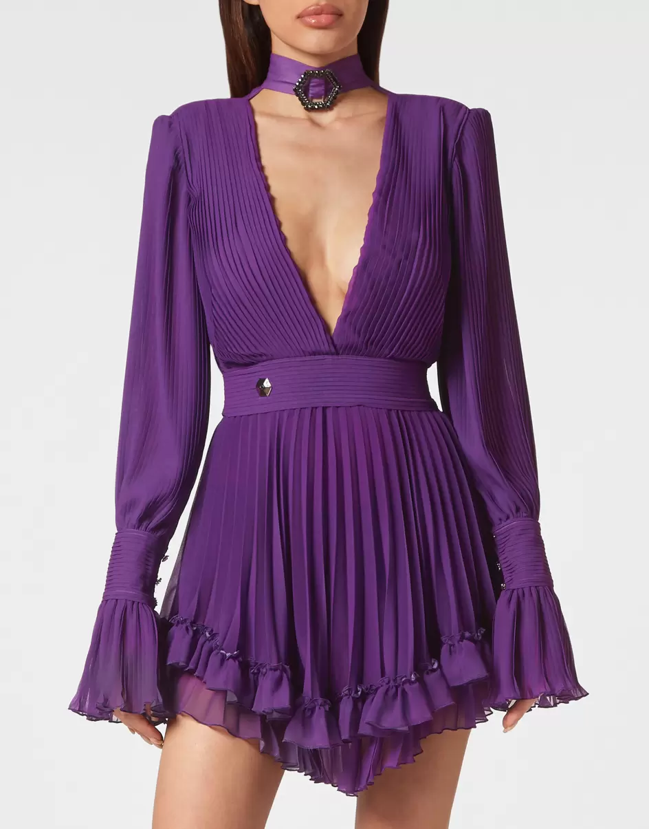 Chiffon Plisse Short Dress Kleider Geschäft Philipp Plein Purple Damen - 1