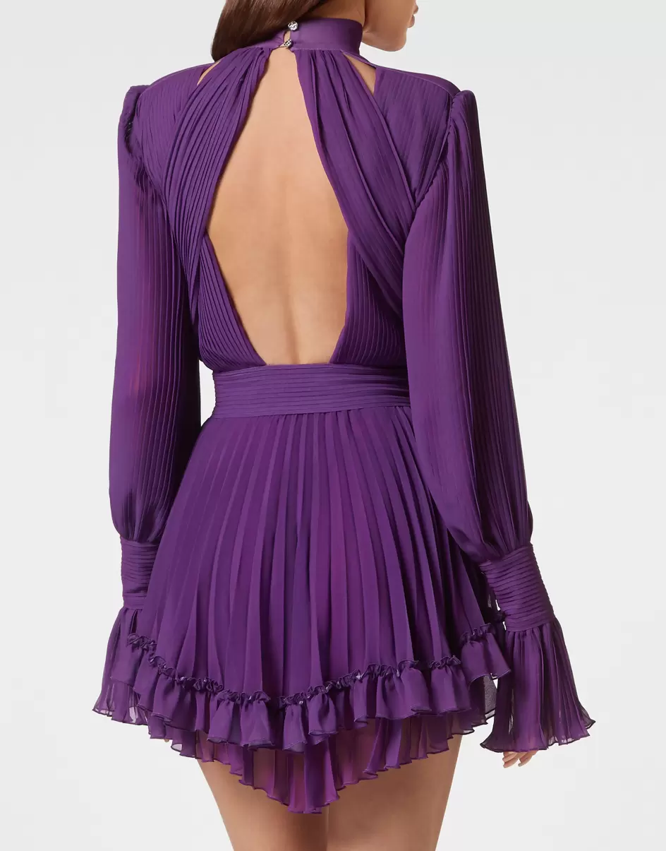 Chiffon Plisse Short Dress Kleider Geschäft Philipp Plein Purple Damen - 2