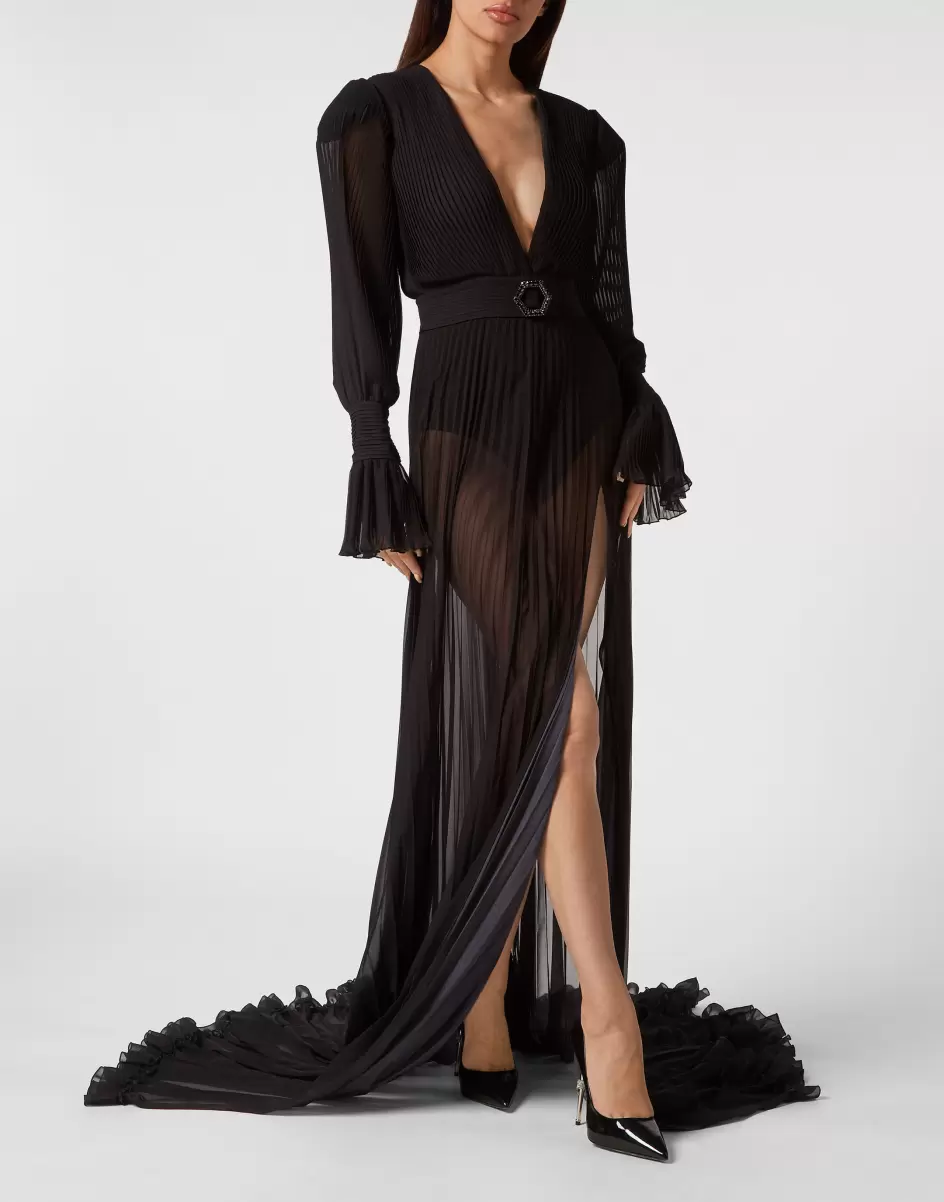 Philipp Plein Kleider Damen Angebot Chiffon Long Dress Black - 1