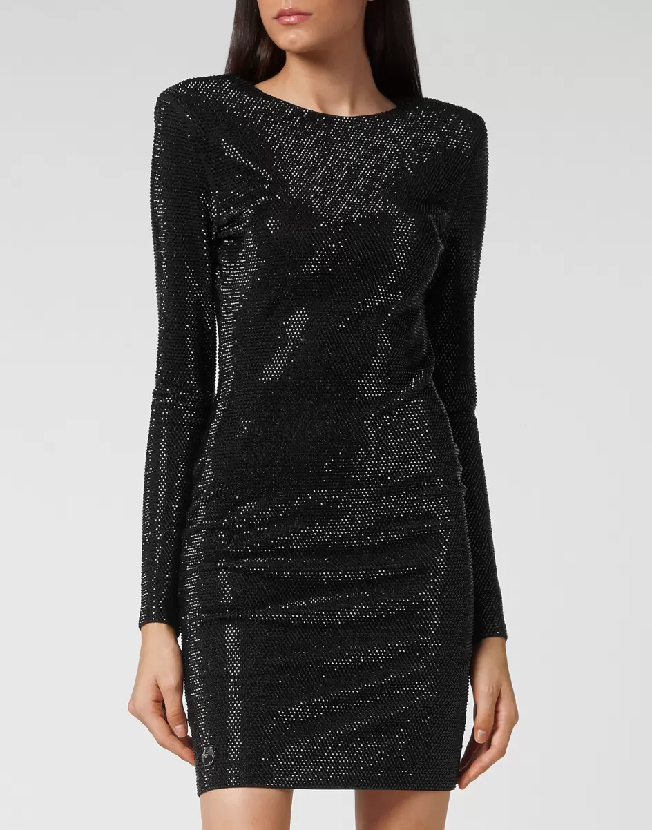 Black Modell Kleider Damen Philipp Plein Mini Dress Ls Crystal - 1