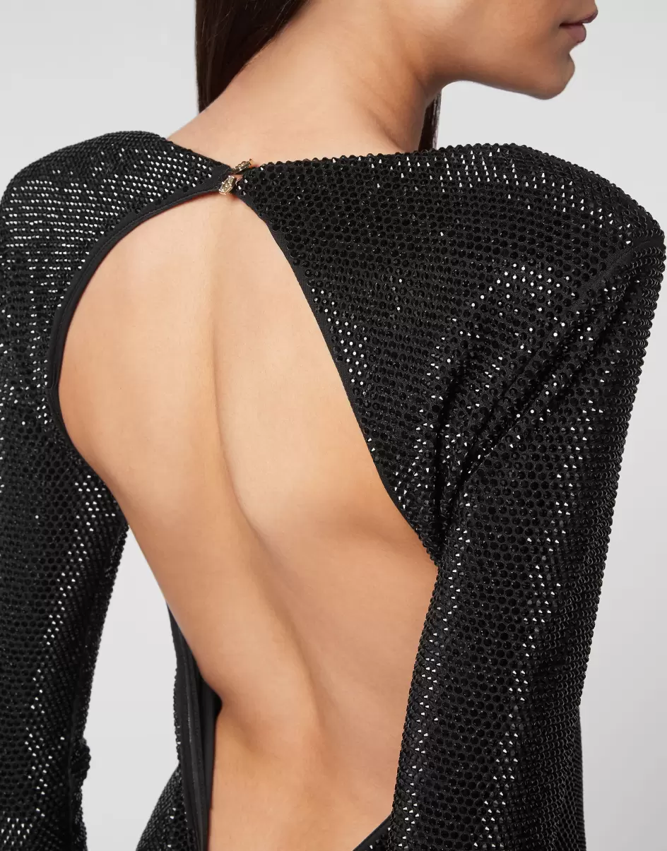 Black Modell Kleider Damen Philipp Plein Mini Dress Ls Crystal - 4