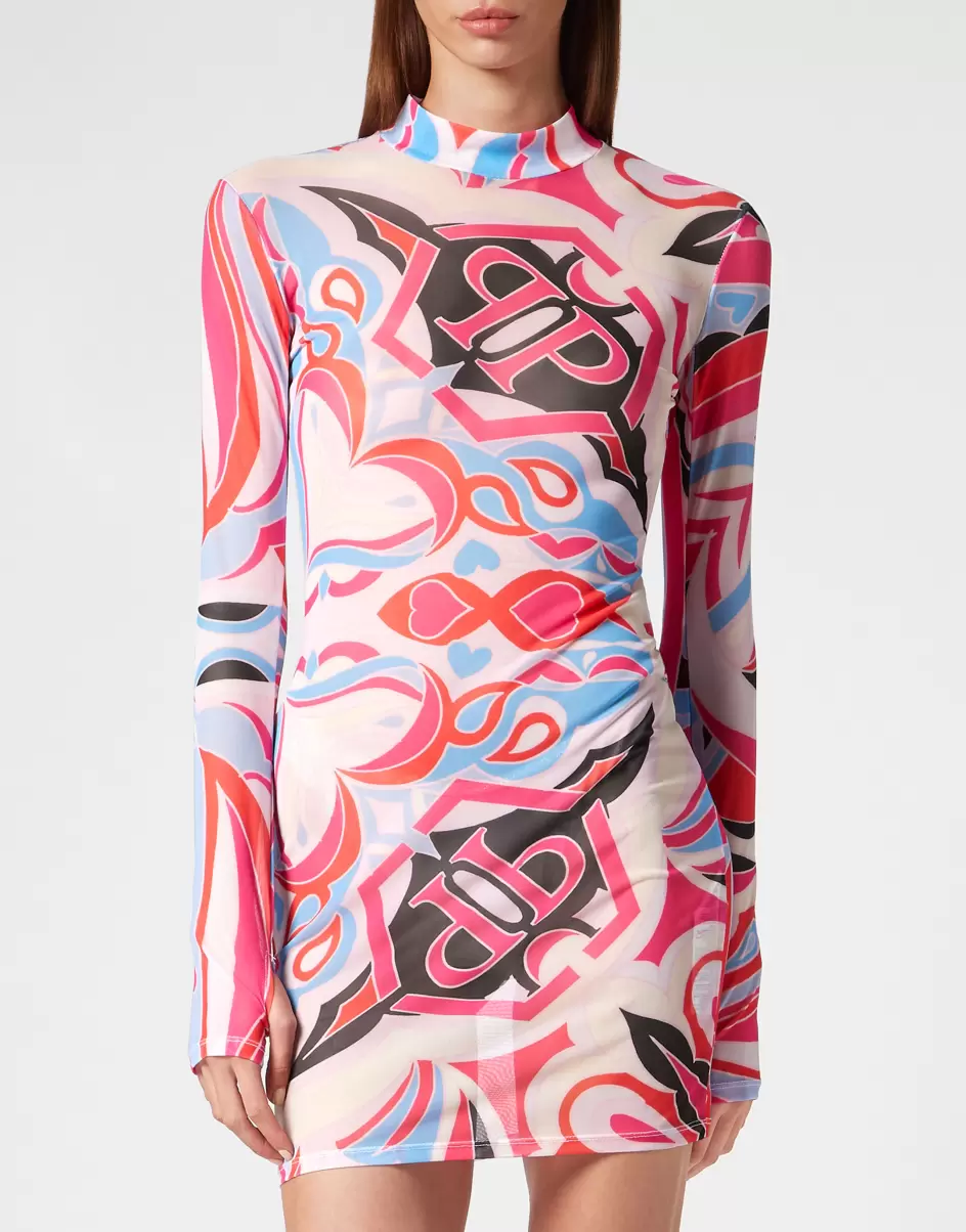 Neues Produkt Damen Philipp Plein Mini Dress Ls Colorful Circus Kleider Fuxia - 1