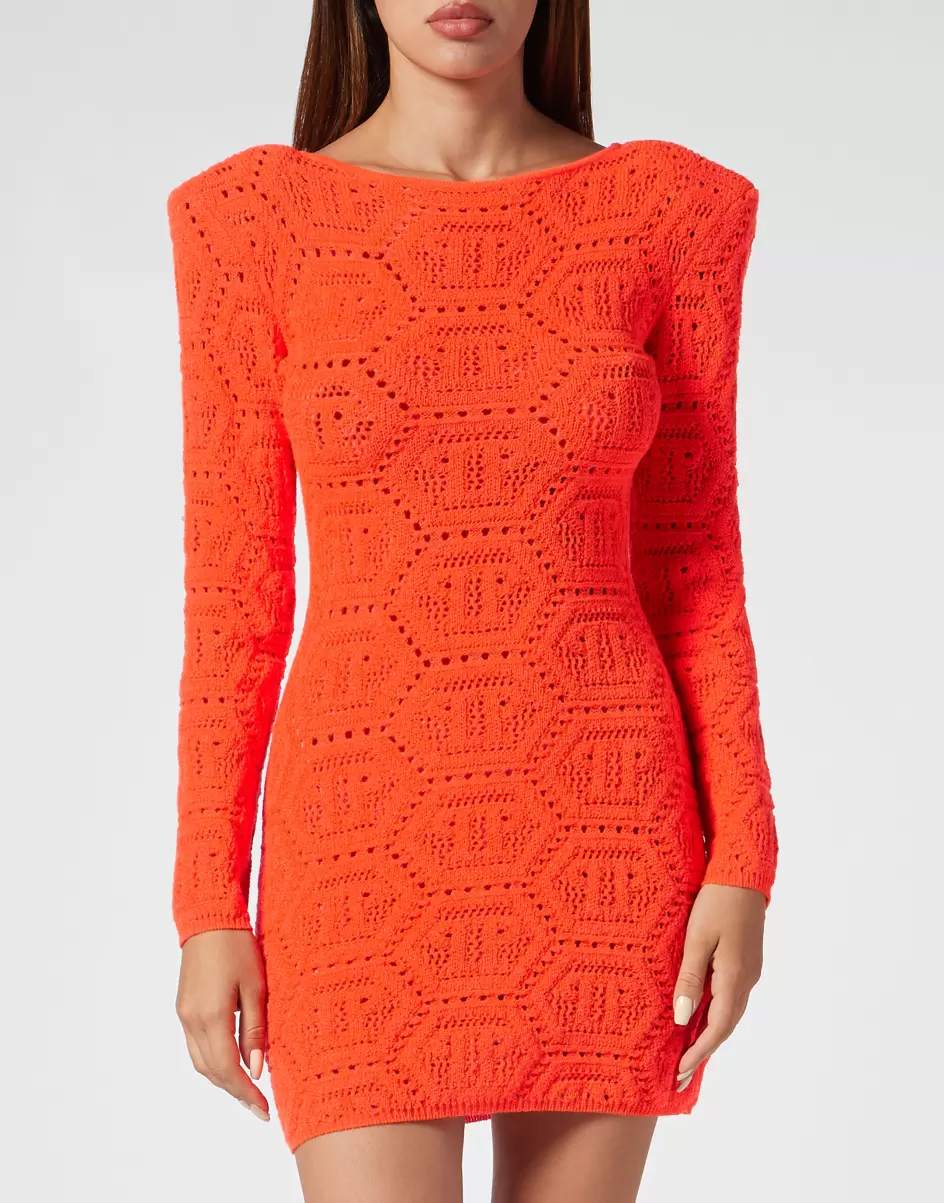 Neues Produkt Damen Philipp Plein Fluo Knit Mini Dress Monogram Kleider Orange Fluo - 1
