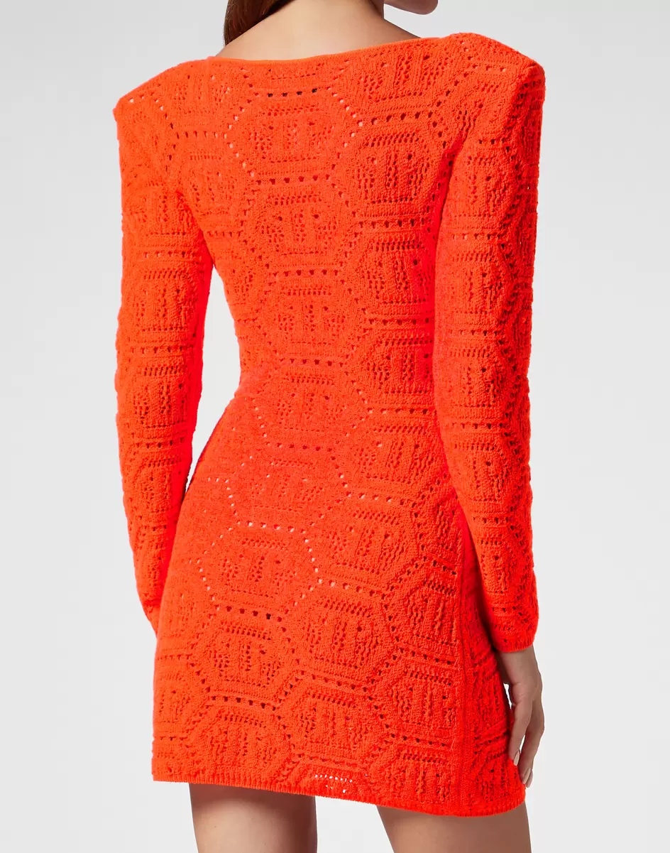 Neues Produkt Damen Philipp Plein Fluo Knit Mini Dress Monogram Kleider Orange Fluo - 2