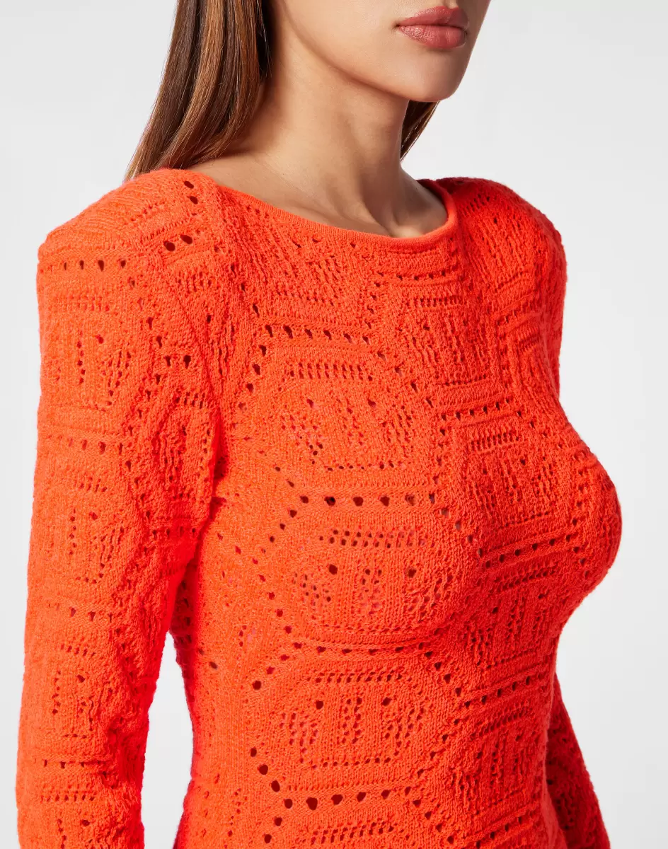 Neues Produkt Damen Philipp Plein Fluo Knit Mini Dress Monogram Kleider Orange Fluo - 4