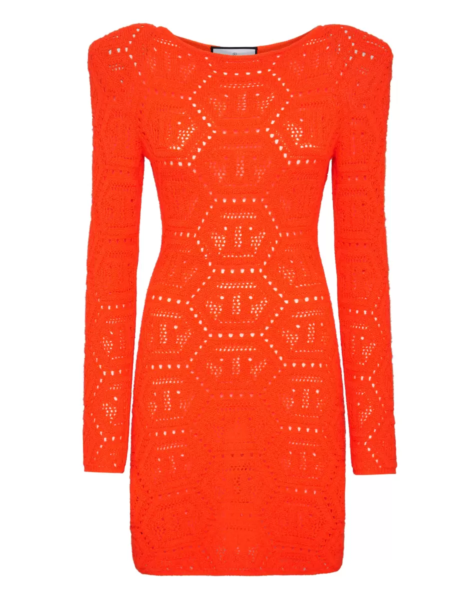 Neues Produkt Damen Philipp Plein Fluo Knit Mini Dress Monogram Kleider Orange Fluo