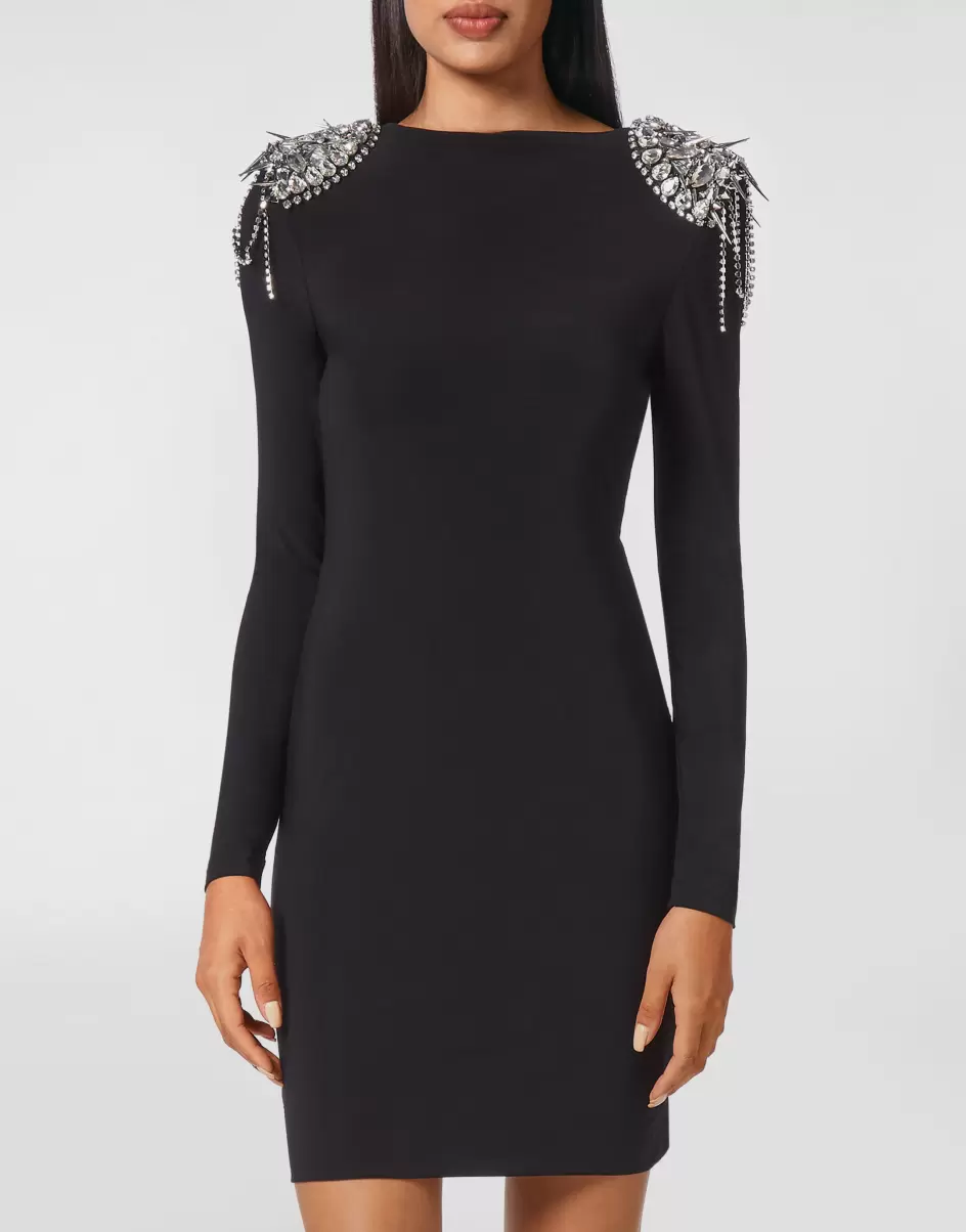 Philipp Plein Damen Dark Grey Verkaufen Kleider Draped Mini Dress With Crystals - 1