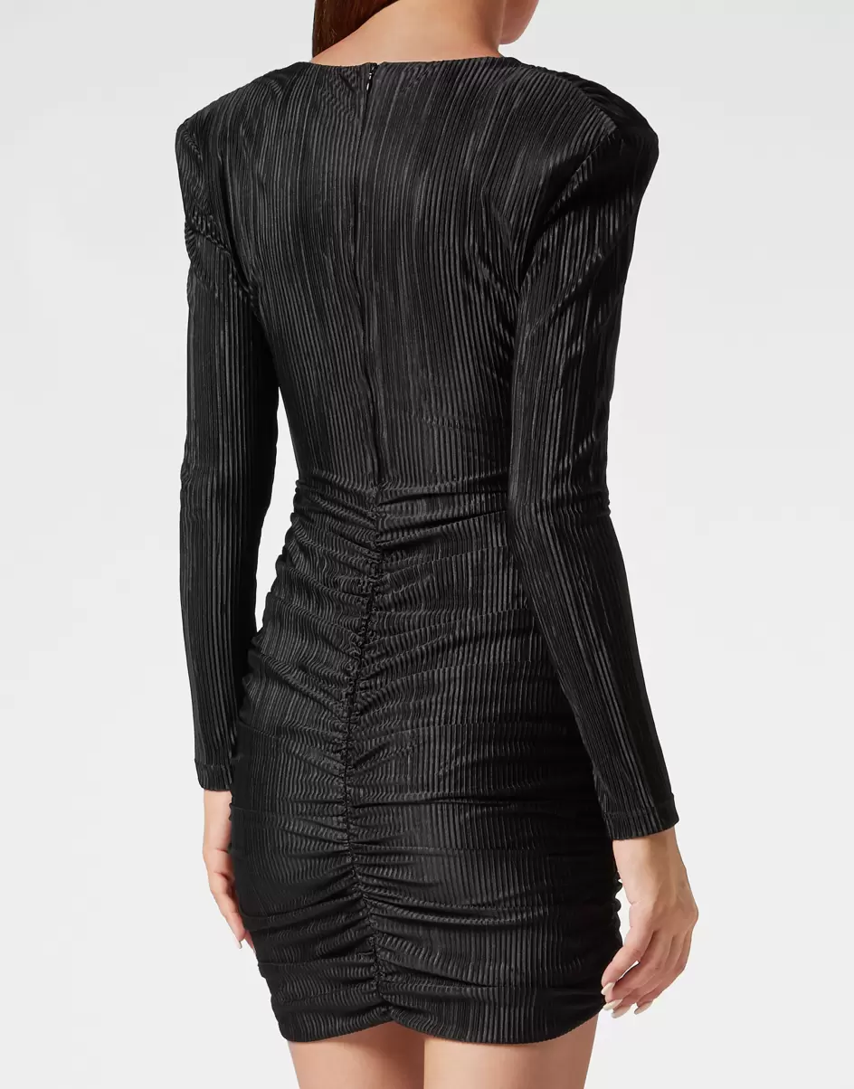 Damen Kleider Philipp Plein Black Modell Padded Shoulder Plisse Mini Dress - 2