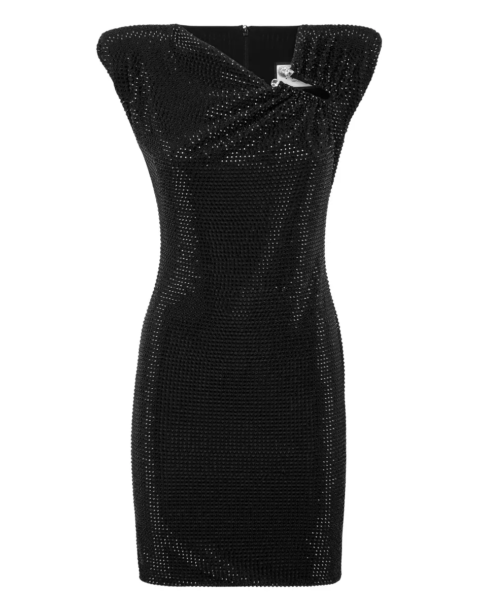 Kleider Black Padded Shoulder Mini Dress Fluo Strass Philipp Plein Damen Aktionsrabatt