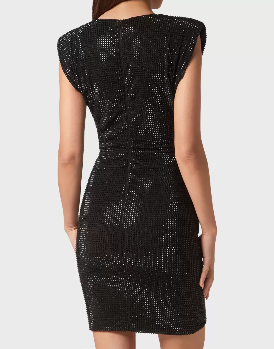 Black Shoulder Padded Mini Dress Crystal Damen 2024 Philipp Plein Kleider - 2