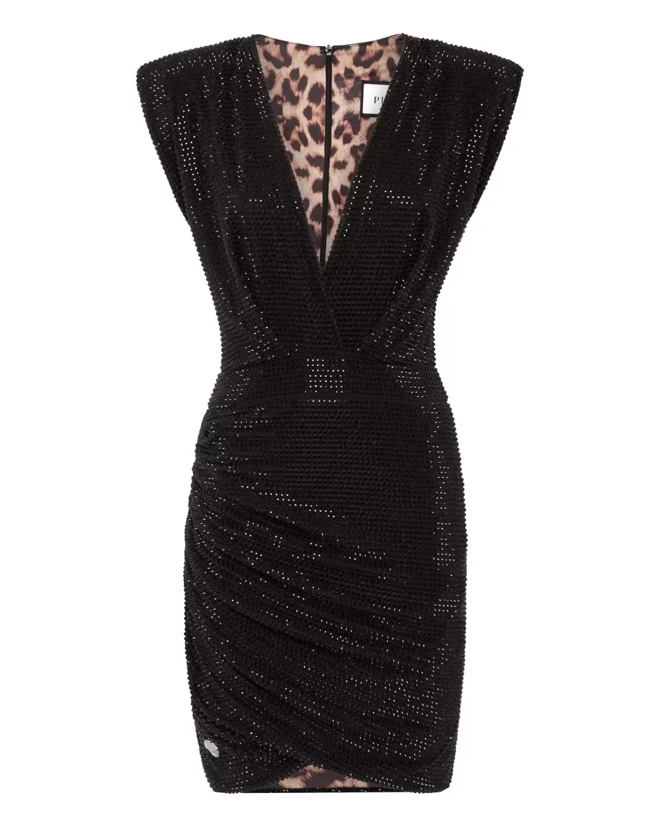 Black Shoulder Padded Mini Dress Crystal Damen 2024 Philipp Plein Kleider