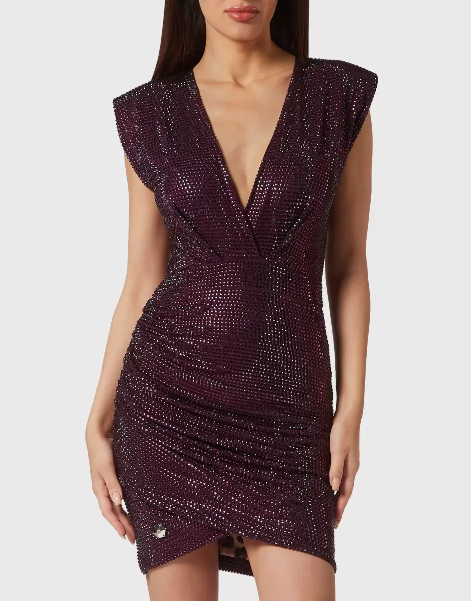 Kleider Treuerabatt Purple Shoulder Padded Mini Dress Crystal Philipp Plein Damen - 1