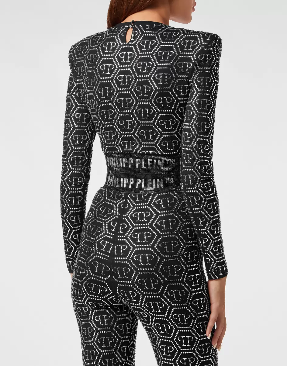 Damen Philipp Plein Rabatt Black Padded Shoulder Cropped Top Ls Monogram Strass T-Shirts & Poloshirts - 2