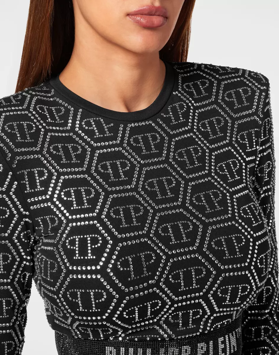 Damen Philipp Plein Rabatt Black Padded Shoulder Cropped Top Ls Monogram Strass T-Shirts & Poloshirts - 4