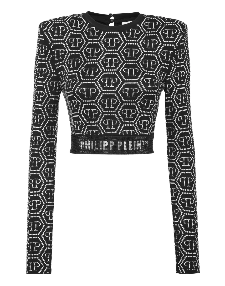 Damen Philipp Plein Rabatt Black Padded Shoulder Cropped Top Ls Monogram Strass T-Shirts & Poloshirts