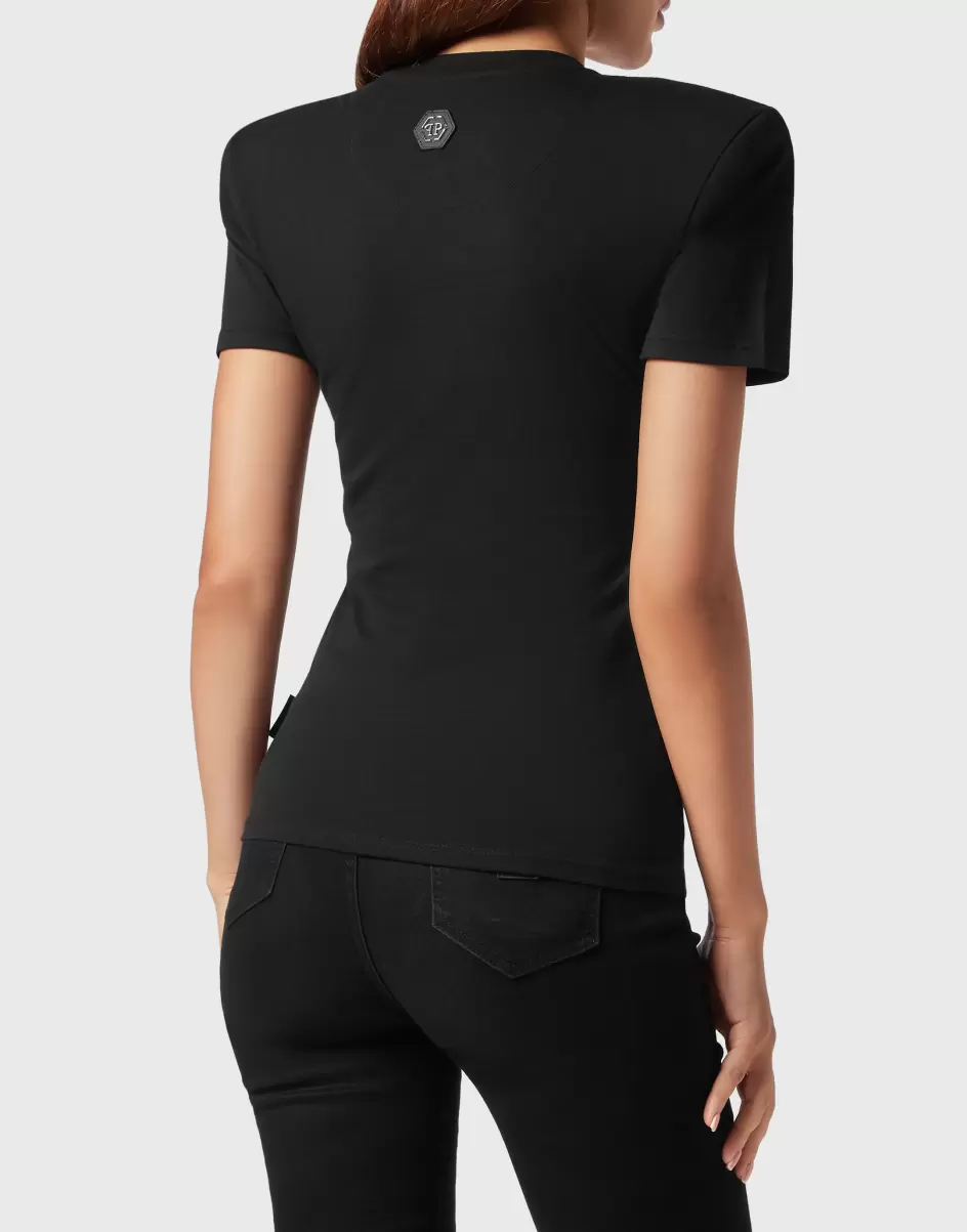 Kosten Damen T-Shirts & Poloshirts Black Padded Shoulder Sleeveless T-Shirt Sexy Pure Fit With Crystals Teddy Bear Philipp Plein - 2