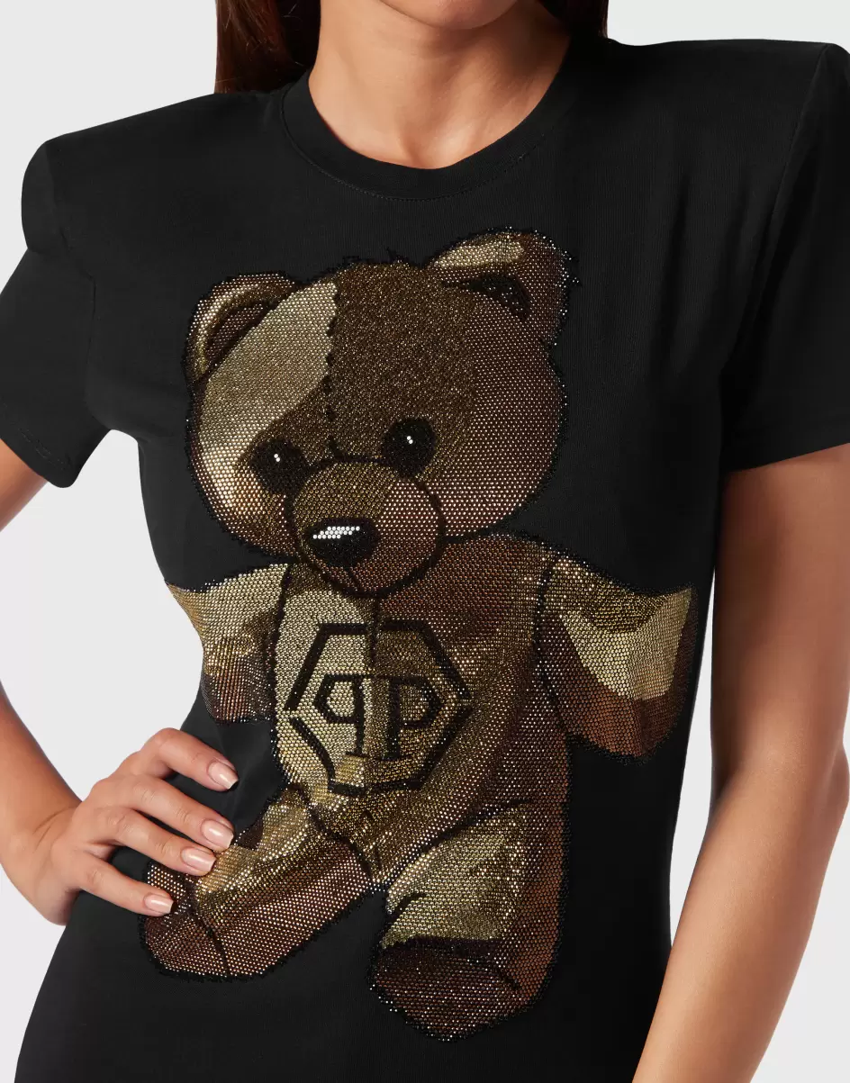Kosten Damen T-Shirts & Poloshirts Black Padded Shoulder Sleeveless T-Shirt Sexy Pure Fit With Crystals Teddy Bear Philipp Plein - 4