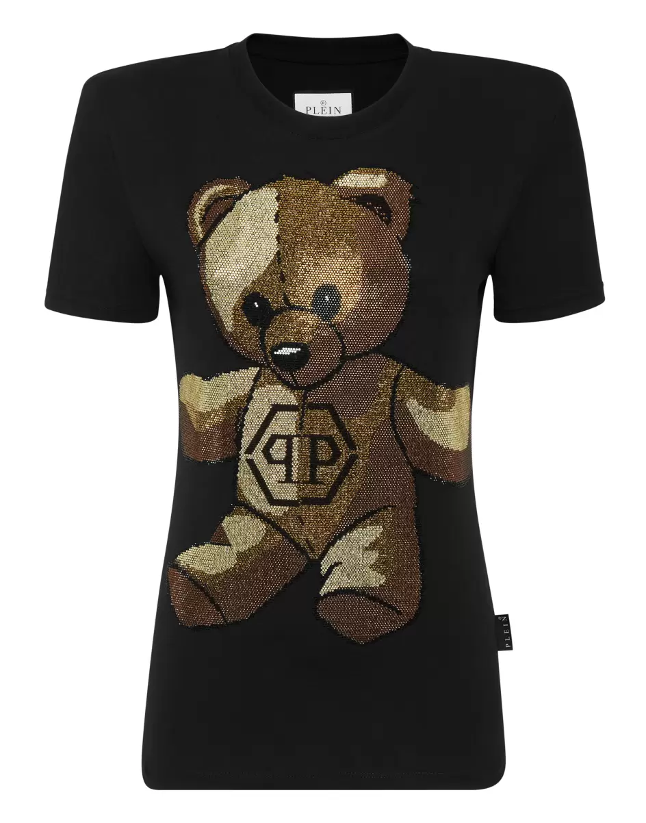 Kosten Damen T-Shirts & Poloshirts Black Padded Shoulder Sleeveless T-Shirt Sexy Pure Fit With Crystals Teddy Bear Philipp Plein