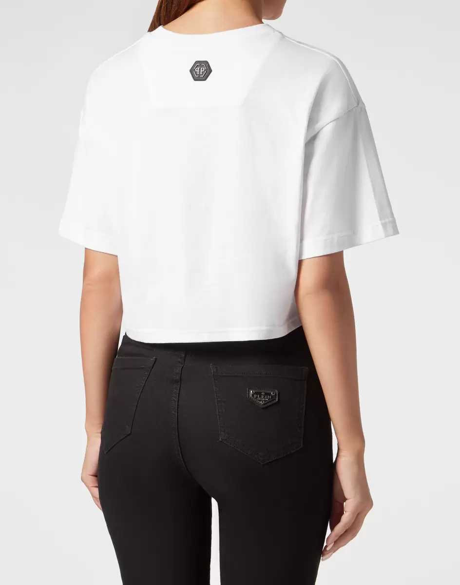 Damen White Rabattabzug Cropped T-Shirt Round Neck Smile T-Shirts & Poloshirts Philipp Plein - 2