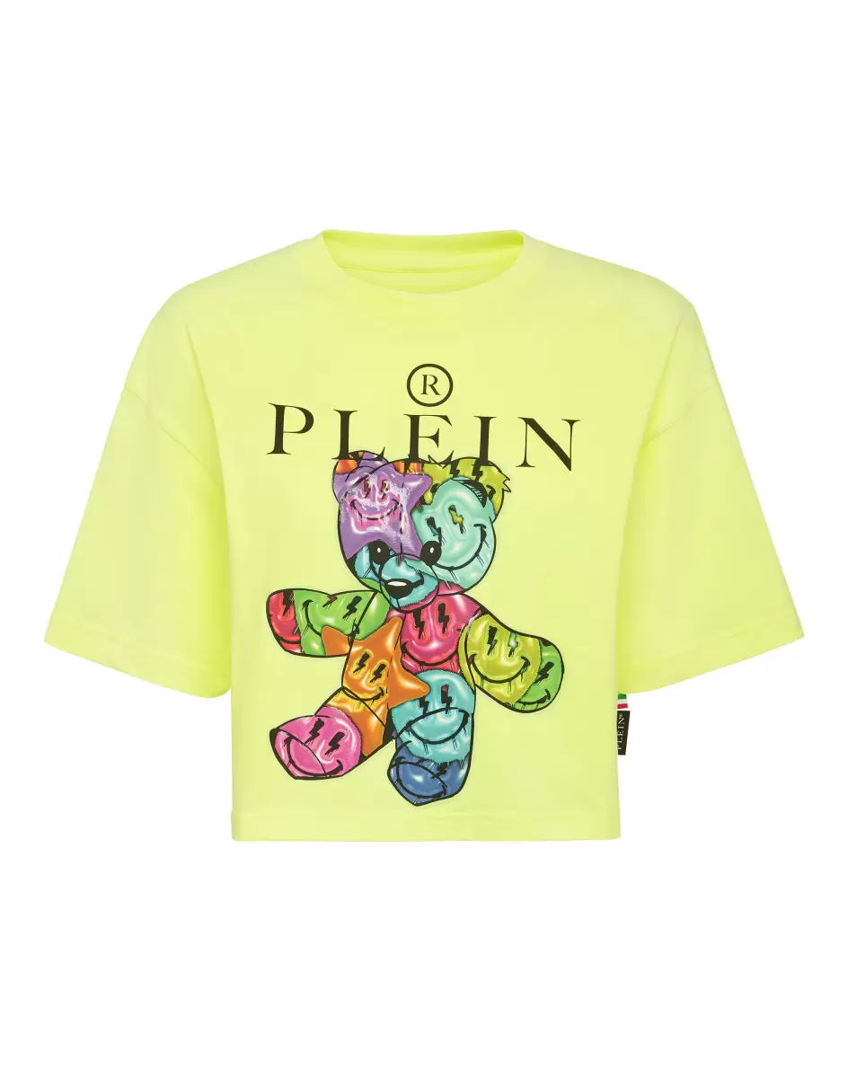 Philipp Plein Reduzierter Preis Yellow Fluo T-Shirts & Poloshirts Damen Cropped T-Shirt Round Neck Smile