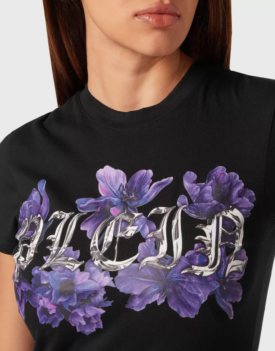 Black Damen Empfehlen T-Shirts & Poloshirts Philipp Plein T-Shirt Round Neck Sexy Pure Fit Flowers - 4