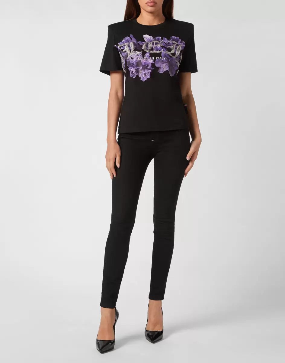 Damen T-Shirts & Poloshirts Black Philipp Plein Billig Padded Shoulder T-Shirt Sexy Pure Fit Flowers - 3