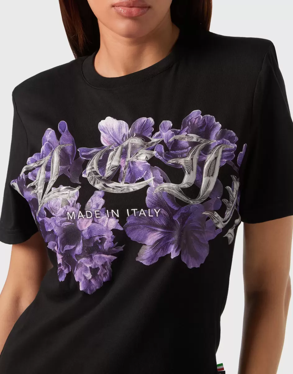 Damen T-Shirts & Poloshirts Black Philipp Plein Billig Padded Shoulder T-Shirt Sexy Pure Fit Flowers - 4