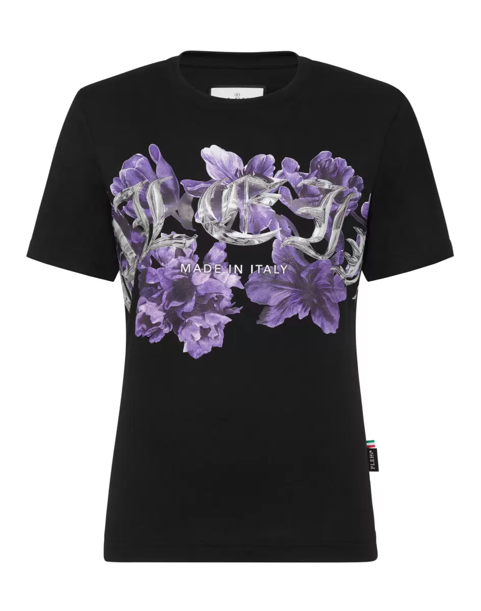 Damen T-Shirts & Poloshirts Black Philipp Plein Billig Padded Shoulder T-Shirt Sexy Pure Fit Flowers