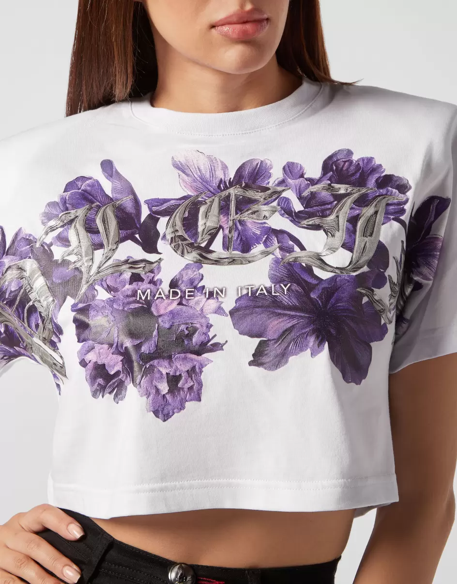 T-Shirts & Poloshirts Padded Shoulder Cropped Top Flowers Damen Rabattaktion White Philipp Plein - 4