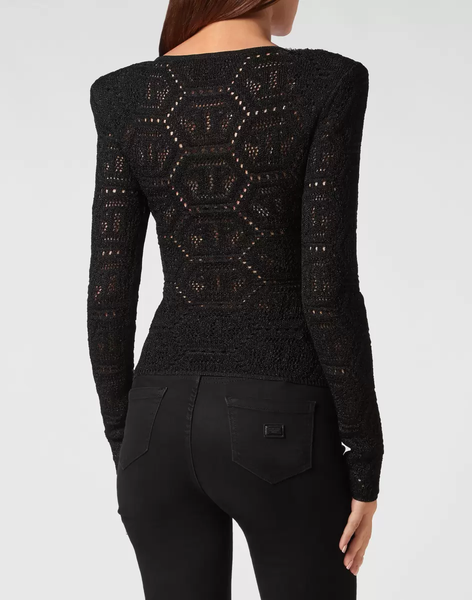 Philipp Plein Damen Lurex Padded Shoulder Sweater Hexagon Neues Produkt Black Strickwaren - 2