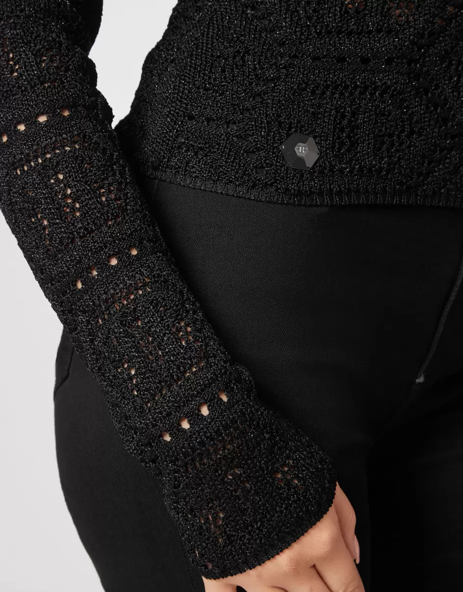 Philipp Plein Damen Lurex Padded Shoulder Sweater Hexagon Neues Produkt Black Strickwaren - 4