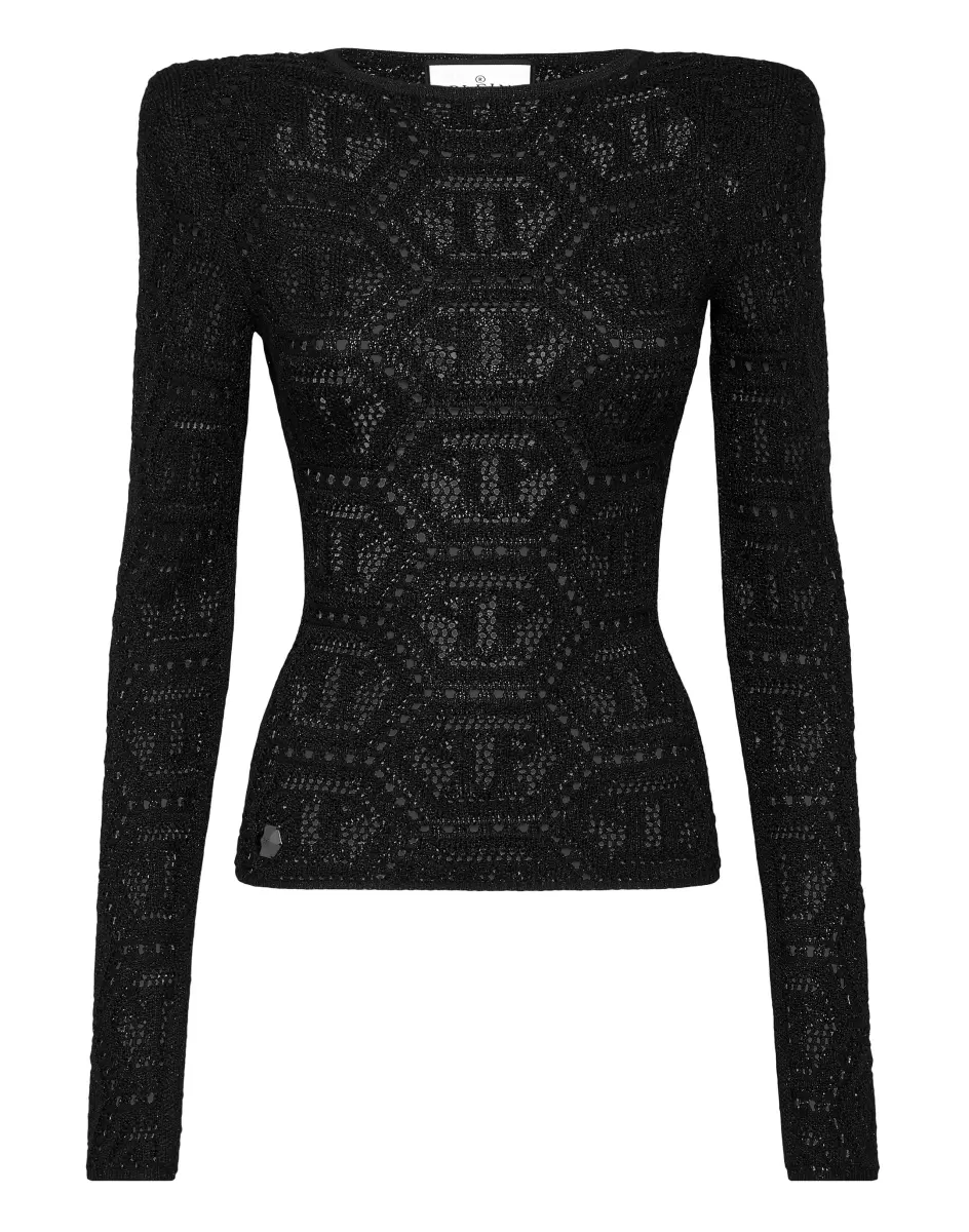 Philipp Plein Damen Lurex Padded Shoulder Sweater Hexagon Neues Produkt Black Strickwaren