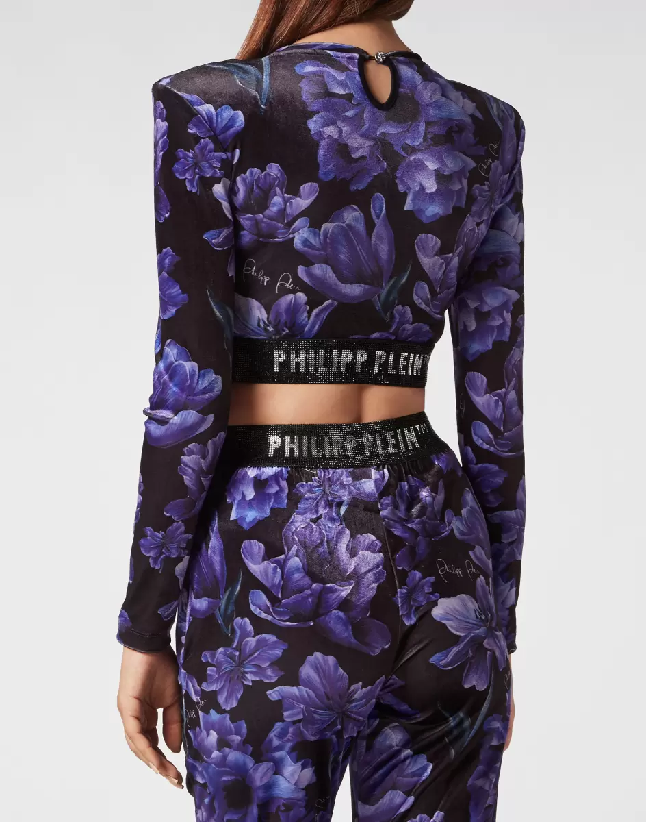 Long-Sleeve Padded Shoulder Cropped Top Flowers Black Rabattabzug Philipp Plein Oberteile Damen - 2