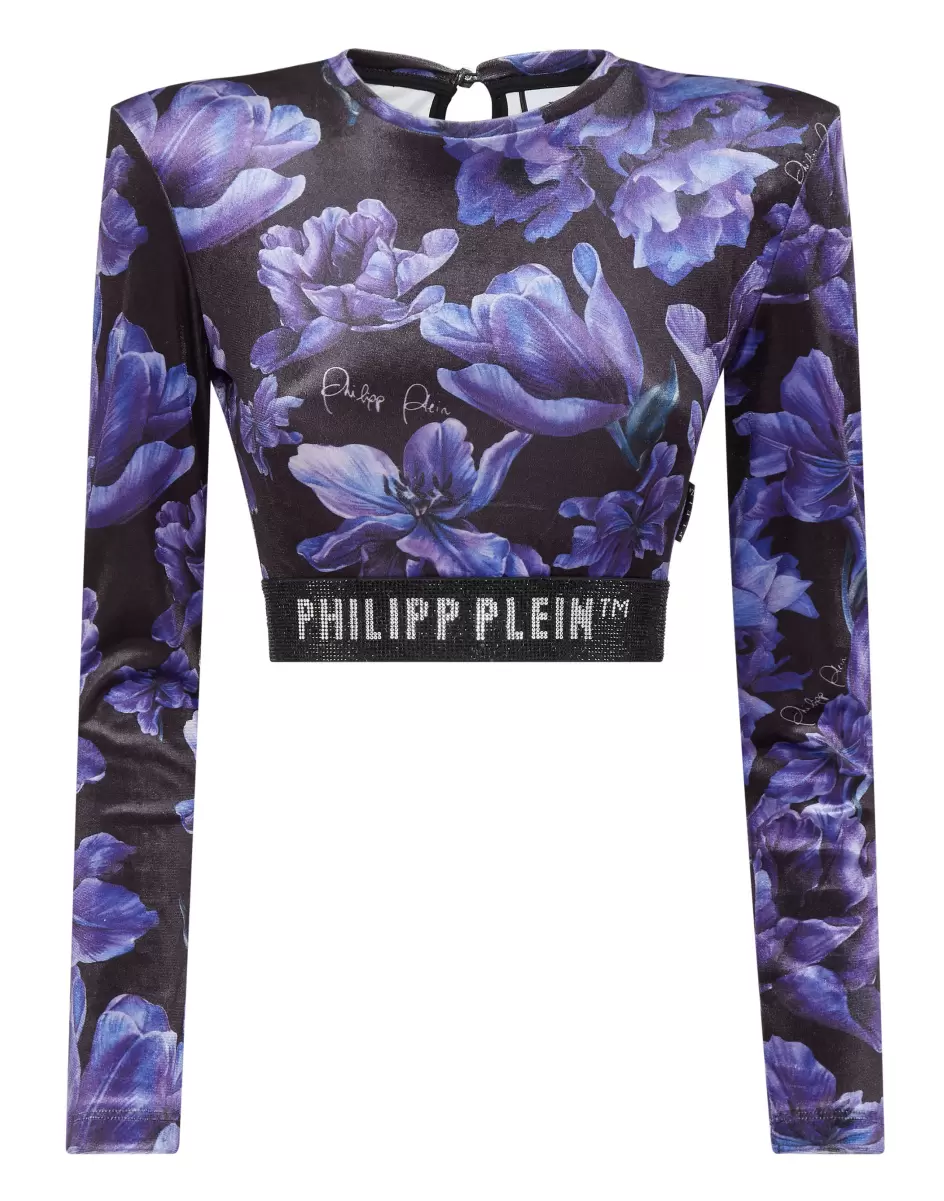 Long-Sleeve Padded Shoulder Cropped Top Flowers Black Rabattabzug Philipp Plein Oberteile Damen