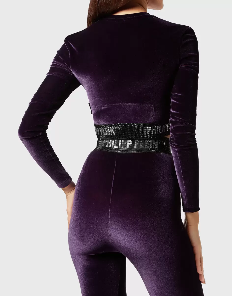 Purple Damen Long-Sleeve Padded Shoulder Cropped Top Crystal Philipp Plein Oberteile Technologie - 2