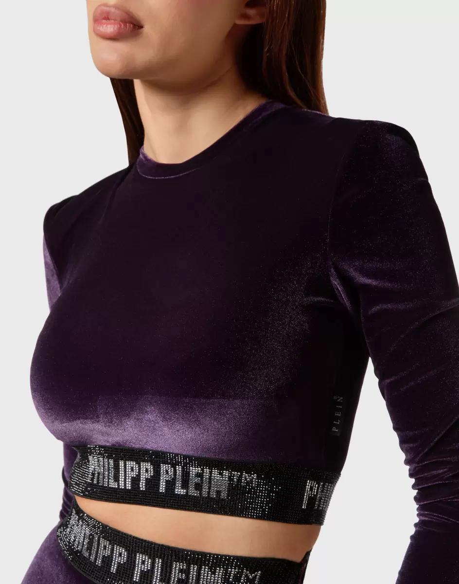 Purple Damen Long-Sleeve Padded Shoulder Cropped Top Crystal Philipp Plein Oberteile Technologie - 4