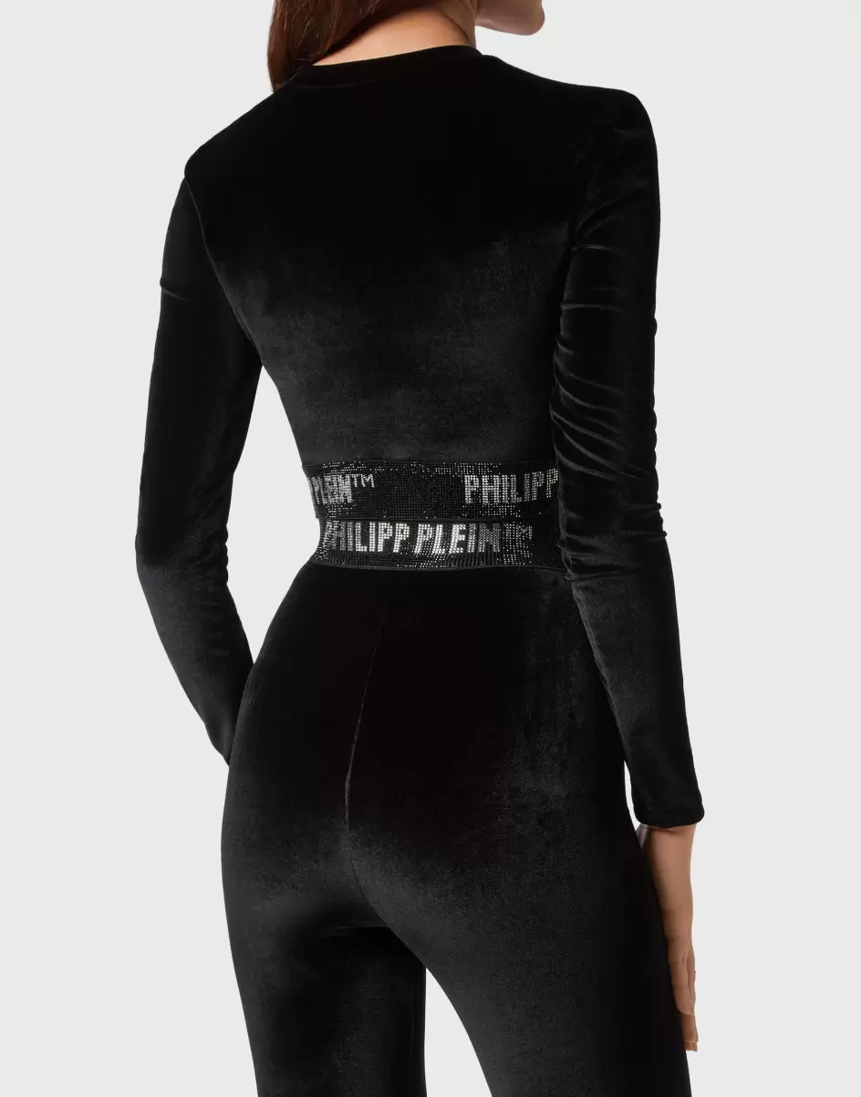 Oberteile Long-Sleeve Padded Shoulder Cropped Top Crystal Damen Philipp Plein Garantie Black - 2