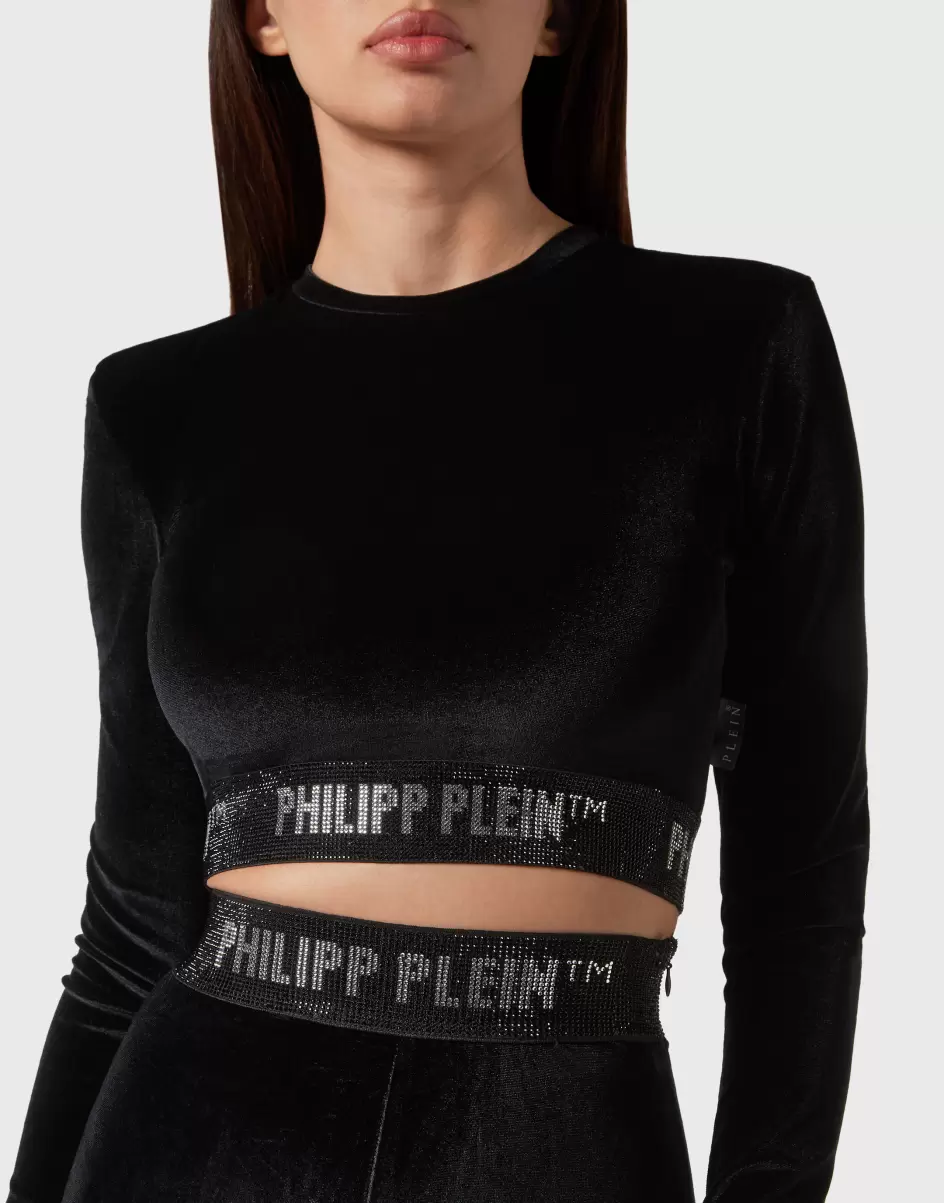 Oberteile Long-Sleeve Padded Shoulder Cropped Top Crystal Damen Philipp Plein Garantie Black - 4